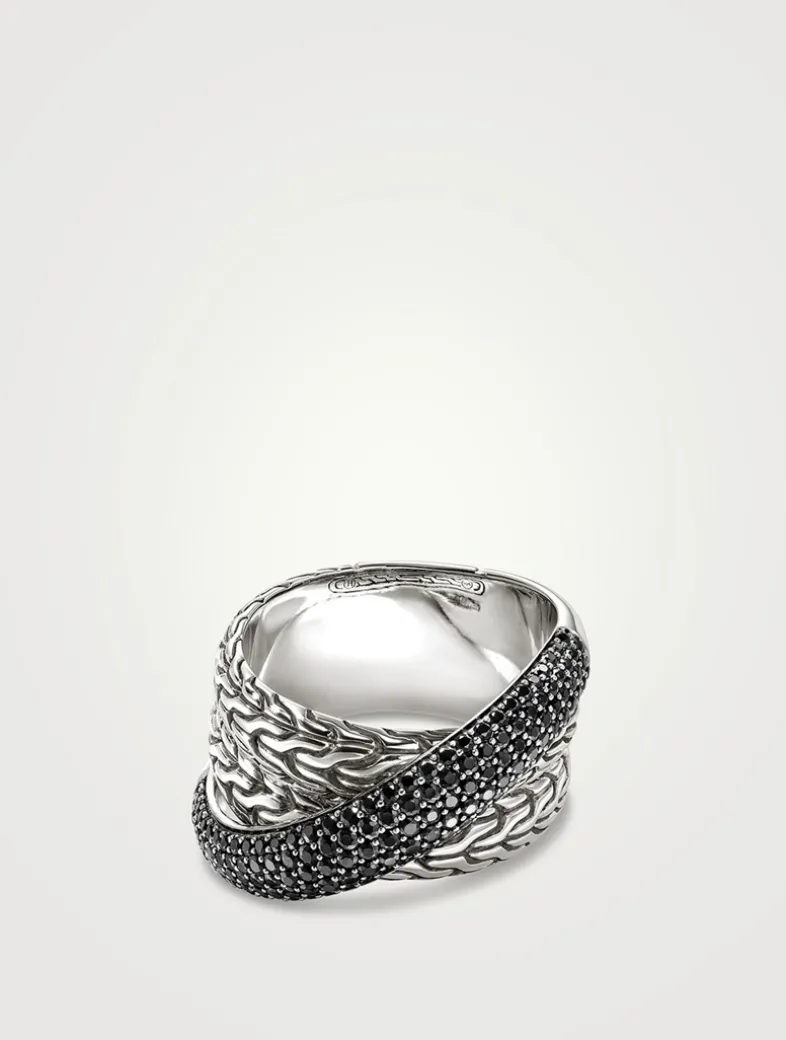 JH Essentials Silver 12.5mm Crossover Ring With Treated Black Sapphire