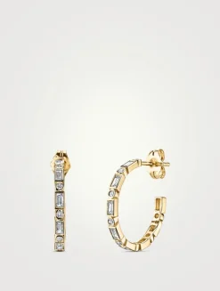 14K Gold Baguette And Round Diamond Bezel Hoop Earrings