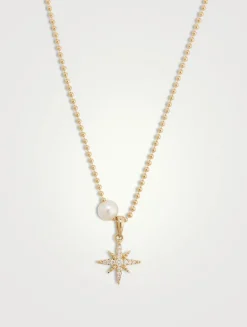 14K Gold Ball Chain Starburst Pendant Necklace With Pearl And Diamonds