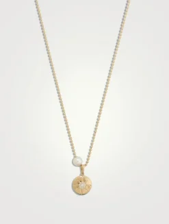 14K Gold Ball Chain Starburst Medallion Pendant Necklace With Pearl And Diamond