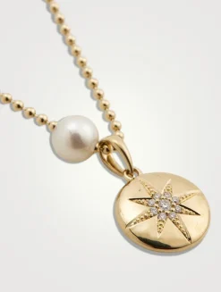 14K Gold Ball Chain Starburst Medallion Pendant Necklace With Pearl And Diamond