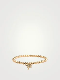 14K Gold Beaded Bracelet With Small 14K Diamond Hummingbird Charm