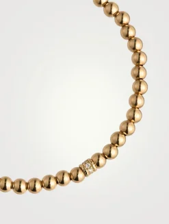 14K Gold Beaded Bracelet With 14K Gold Scallop Edge Pavé Diamond Rondelle