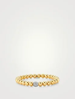 14K Gold Beaded Bracelet With 14K Gold Pavé Diamond Ball