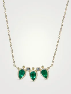14K Gold Bezel Bouquet Mini Fan Necklace With Emerald And Diamonds