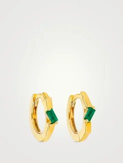 18K Gold Bold Single Emerald Huggie Hoop Earrings
