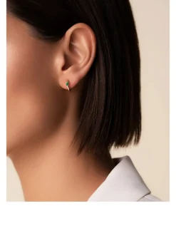 18K Gold Bold Single Emerald Huggie Hoop Earrings