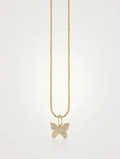 14K Gold Butterfly Pendant Necklace With Pavé Diamonds