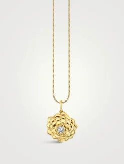 14K Gold Camellia Pendant Necklace With Diamond
