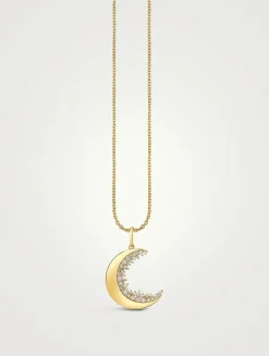 14K Gold Crescent Moon Pendant Necklace With Diamonds