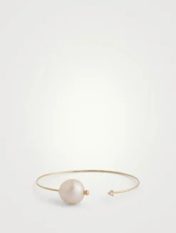 14K Gold Cuff Bracelet With Pearl And Diamond