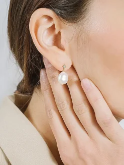 14K Gold Diamond Baroque Pearl Earrings With Diamonds