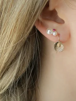 14K Gold Double Pearl Gemstone Stud Earrings With Rubies