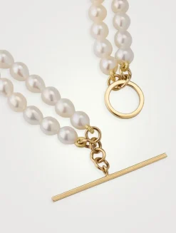 14K Gold Double Pearl Strand Toggle Necklace