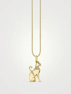 14K Gold Egyptian Cat Pendant Necklace With Diamonds