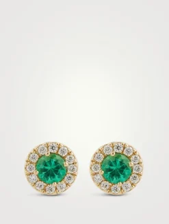18K Gold Emerald Stud Earrings With Diamonds