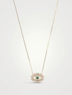 18K Gold Evil Eye Midi Emerald Half Pavé Pendant Necklace
