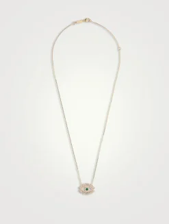 18K Gold Evil Eye Midi Emerald Half Pavé Pendant Necklace