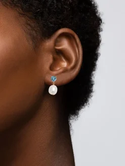 14K Gold Gem Heart Oval Pearl Earrings With Blue Topaz