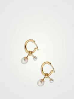 14K Gold Hoop Earrings With Swirl Pearl Dangles