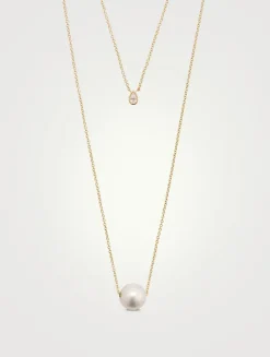 14K Gold Layered Chain Necklace With Pearl And Diamond