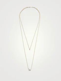 14K Gold Layered Chain Necklace With Pearl And Diamond