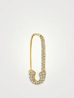 18K Gold Left Safety Pin Earring With Diamonds