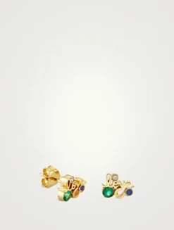 14K Gold Lucky Love Iconography Cluster Stud Earrings With Gemstones