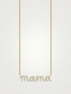 14K Gold Mama Script Necklace With Pavé Diamonds