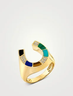 14K Gold Mosaic Horseshoe Signet Ring With Diamonds
