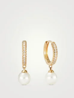 14K Gold Pavé Diamond Pearl Huggie Hoop Earrings