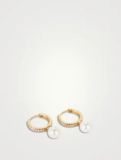 14K Gold Pavé Diamond Pearl Huggie Hoop Earrings