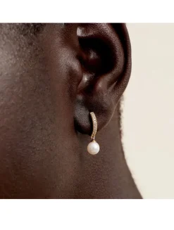 14K Gold Pavé Diamond Pearl Huggie Hoop Earrings