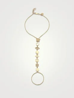 14K Gold Pavé Icons Princess Chain Bracelet With Attached Ring And Diamonds