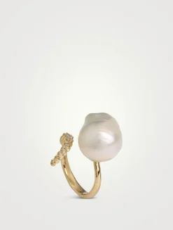 14K Gold Pearl And Diamond Ring