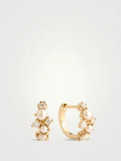 14K Gold Pearl Cocktail Huggie Hoop Earrings With Diamonds