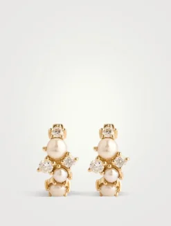 14K Gold Pearl Cocktail Huggie Hoop Earrings With Diamonds
