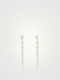 14K Gold Pearl Drop Earrings With Diamonds