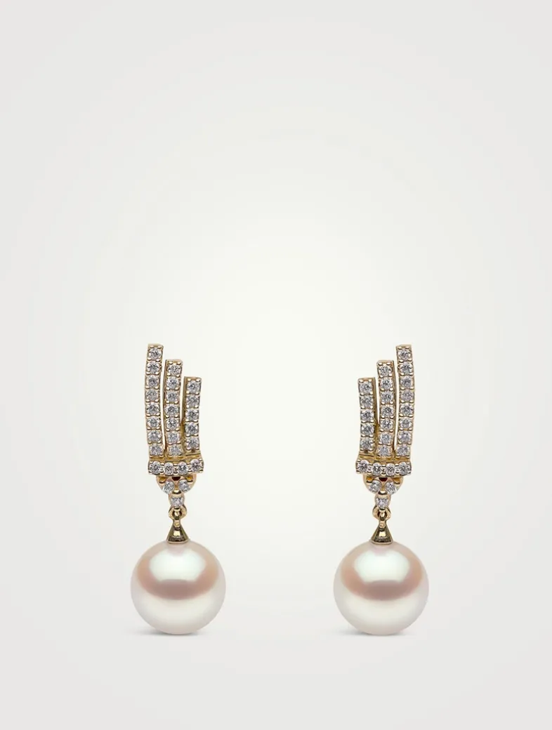 18K Gold Pearl Earrings With Diamonds