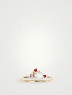 14K Gold Pearl Gemstone Cluster Ring