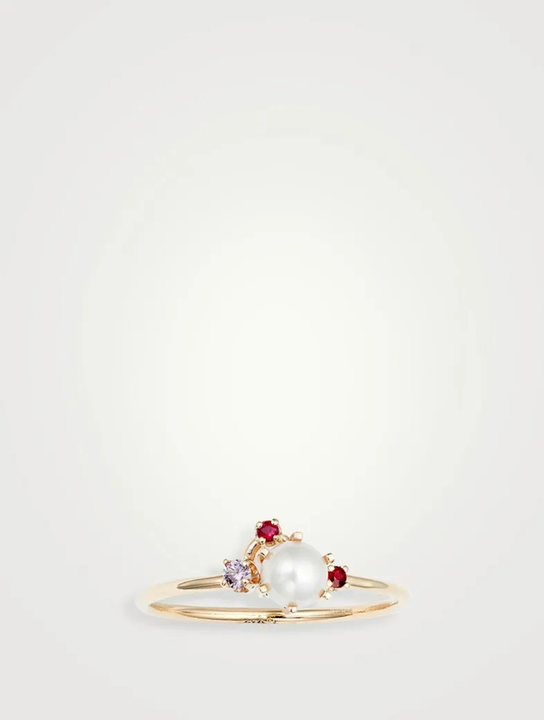 14K Gold Pearl Gemstone Cluster Ring