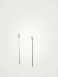 14K Gold Petite Pearl Threader Earrings With Diamonds
