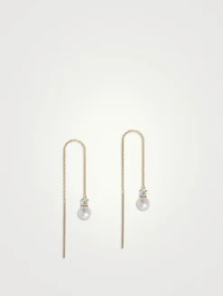 14K Gold Petite Pearl Threader Earrings With Diamonds