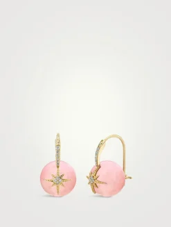 14K Gold Pink Opal Starburst Bead Earrings With Pavé Diamonds