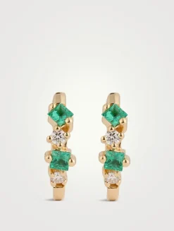 18K Gold Princess Emerald Mix Huggie Hoop Earrings With Diamonds