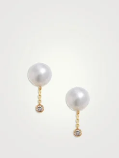 14K Gold Short Pearl Diamond Drop Earrings