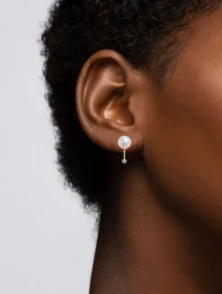 14K Gold Short Pearl Diamond Drop Earrings