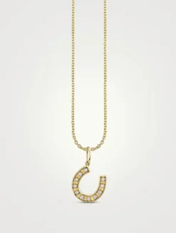 14K Gold Small Bezel Horseshoe Charm Necklace With Diamonds