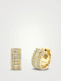 14K Gold Stacked Baguette And Round Bezel Huggie Hoop Earrings With Diamonds