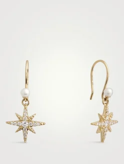 14K Gold Starburst Earrings With Diamonds And Pearls
